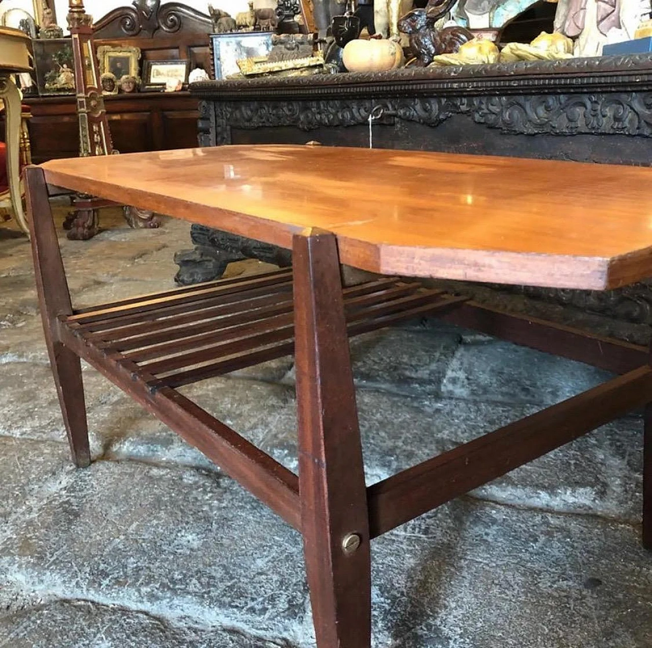 Teak and mahogany coffee table with magazine rack shelf, 1960s 10