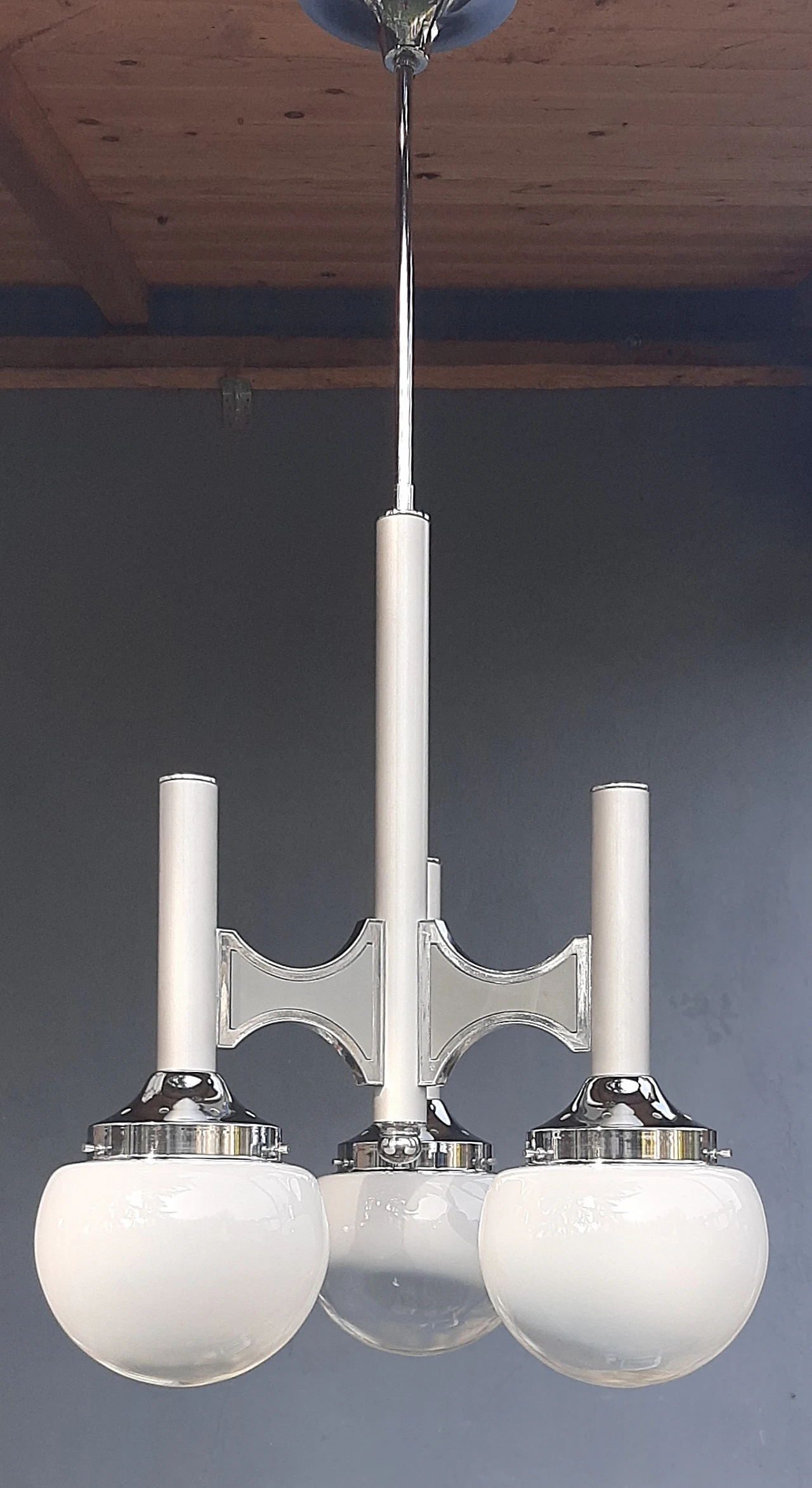 Three-light glass and metal chandelier by Gaetano Sciolari, 1970s 1