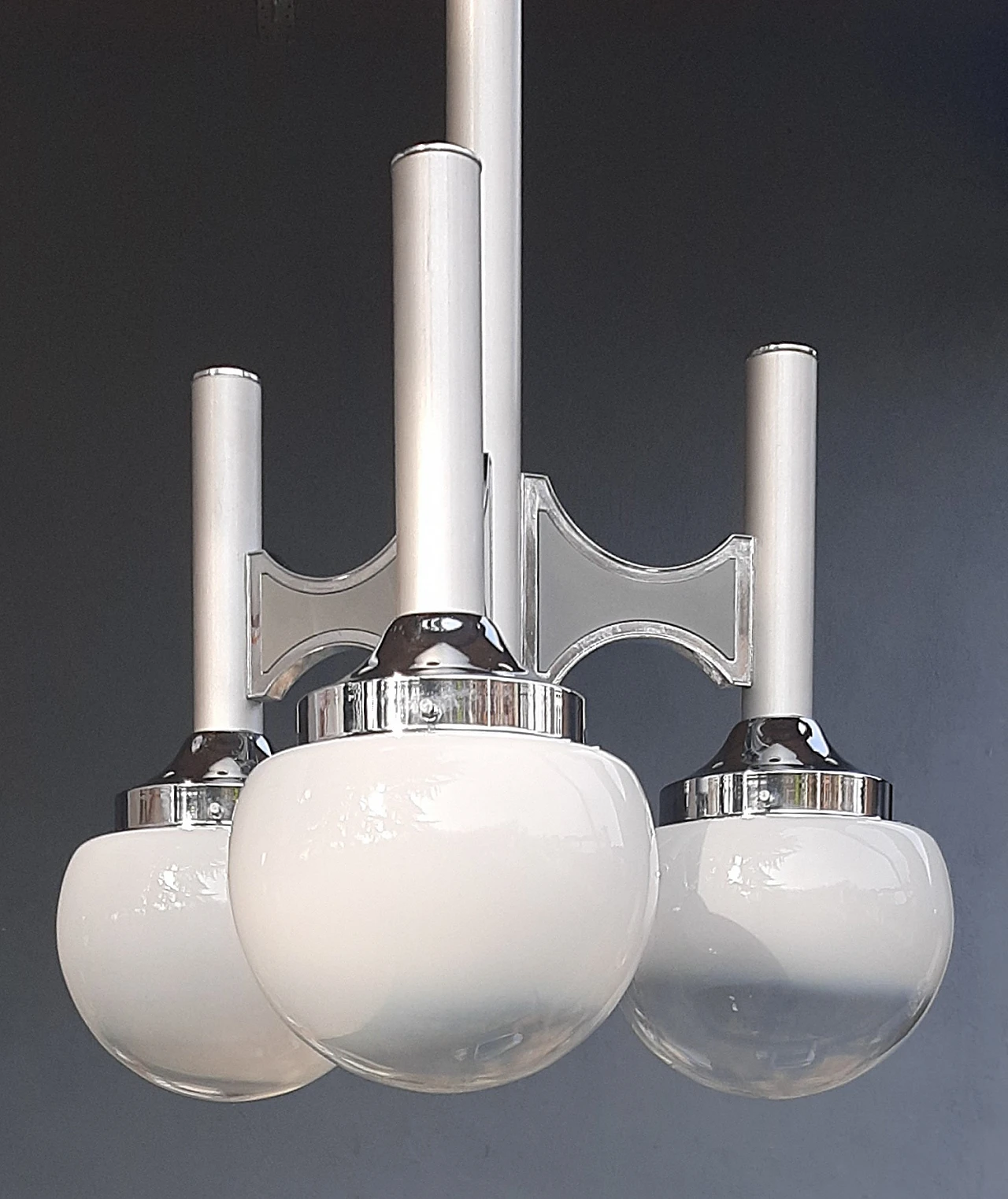 Three-light glass and metal chandelier by Gaetano Sciolari, 1970s 6