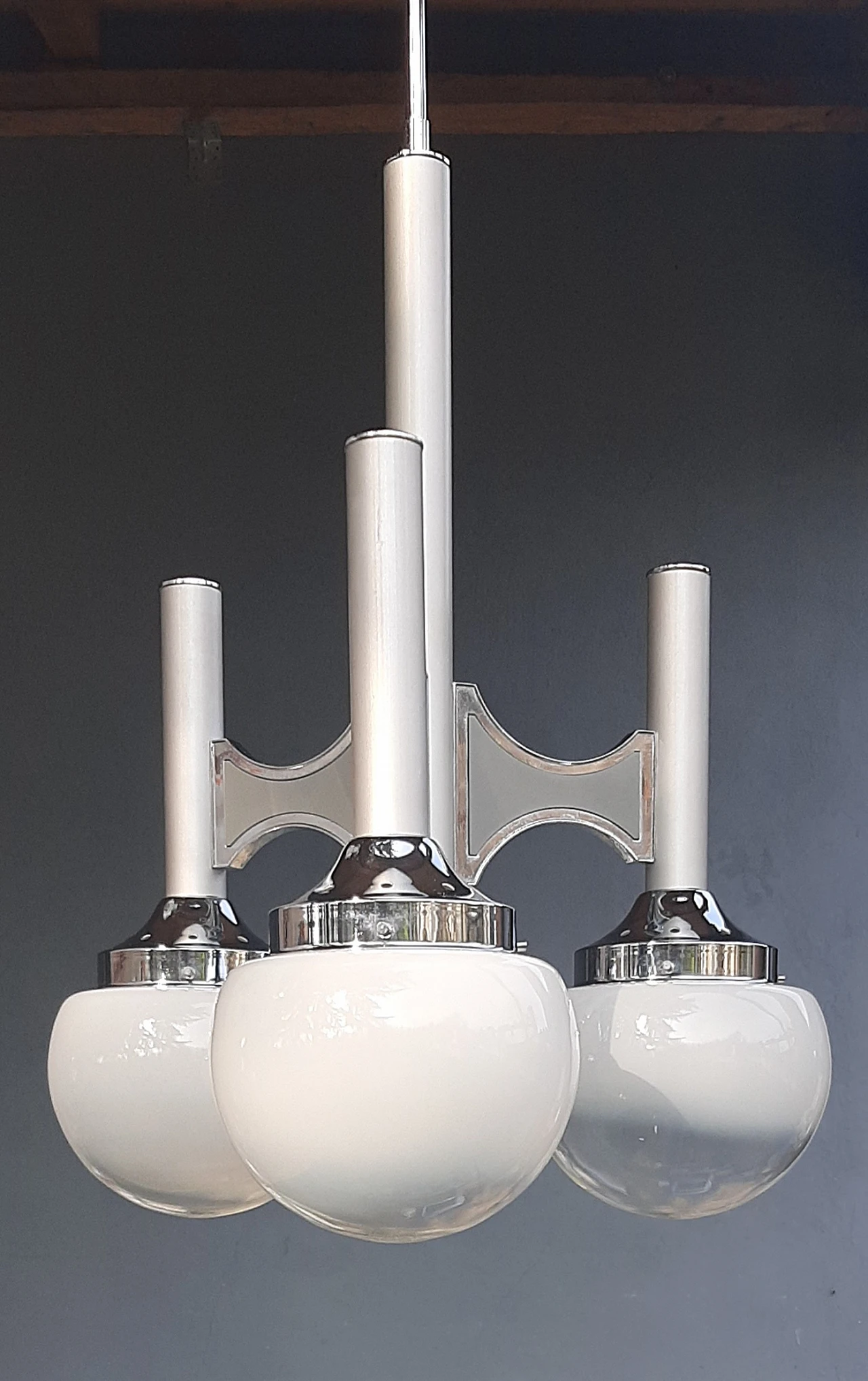 Three-light glass and metal chandelier by Gaetano Sciolari, 1970s 7