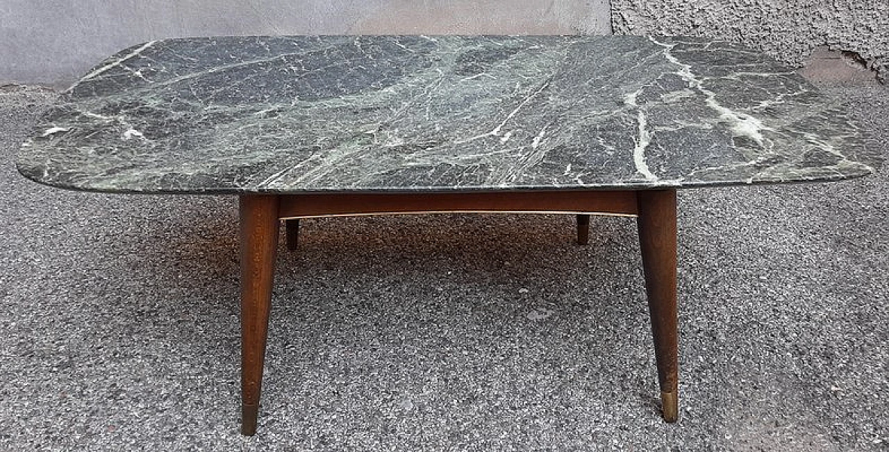 Tavolino in legno con piano in marmo verde Alpi, anni '50 1