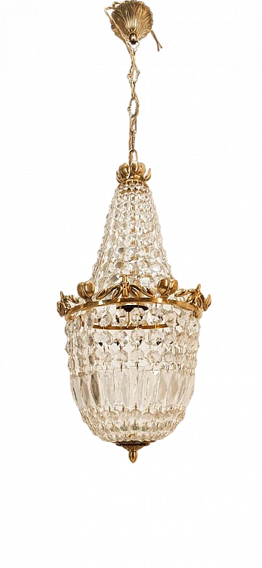 Brass chandelier with satin-finished drops in Empire style, 1950s