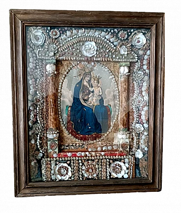 Case with Madonna and Child engraving, shells and coral, 19th century