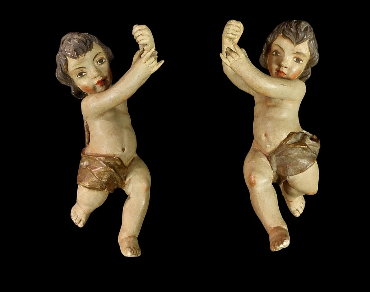 Pair of polychrome wood putto sculptures, late 19th century 1