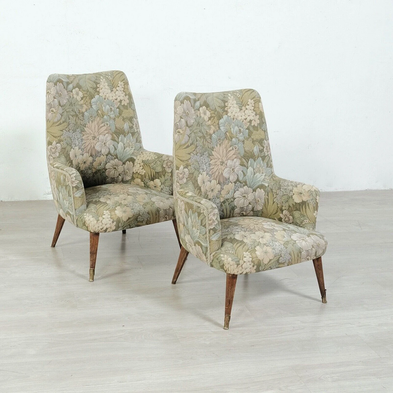 Pair of wood and floral fabric armchairs, 1950s 1