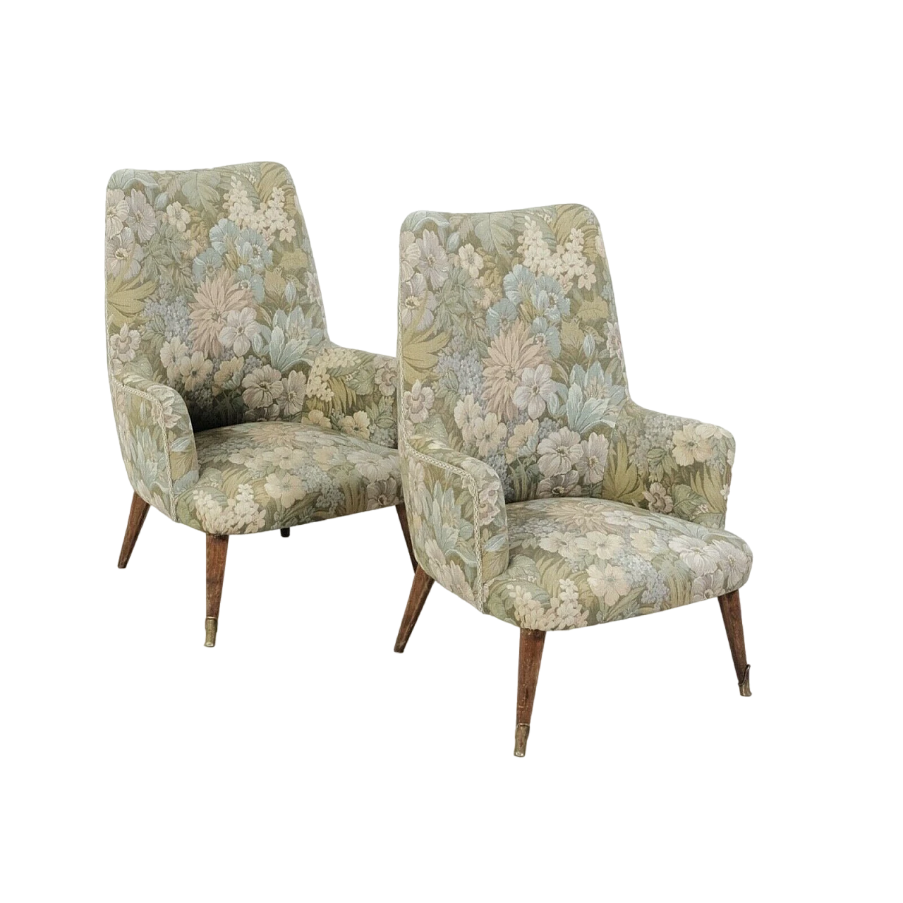 Pair of wood and floral fabric armchairs, 1950s 2