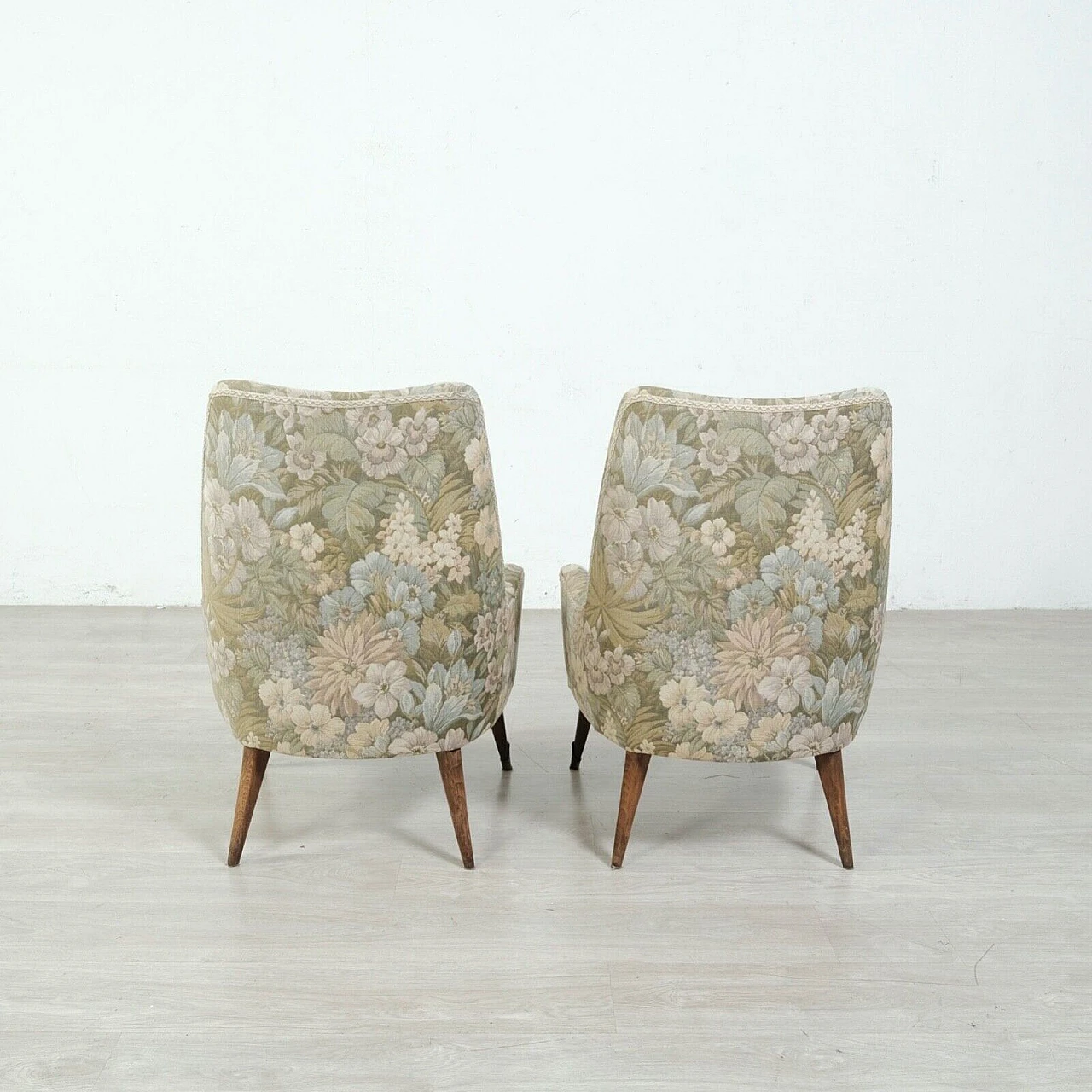 Pair of wood and floral fabric armchairs, 1950s 11