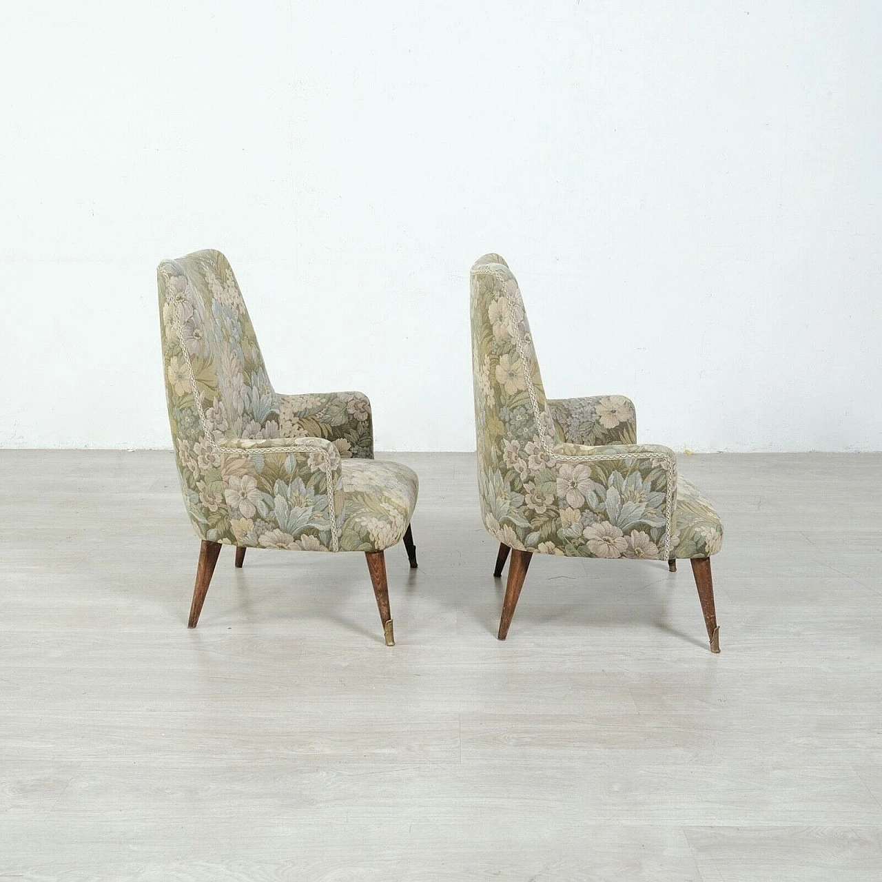 Pair of wood and floral fabric armchairs, 1950s 12