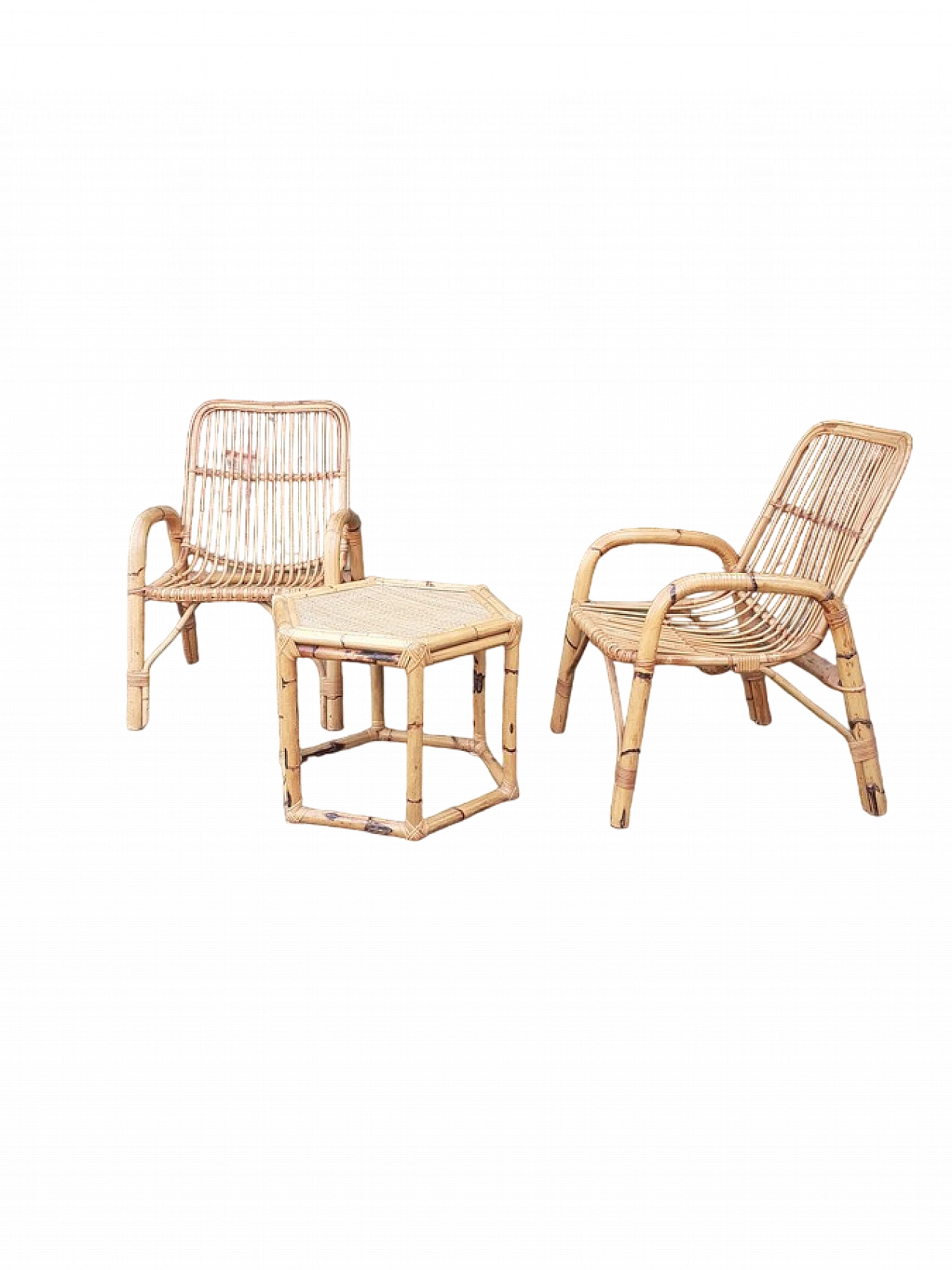 Pair of bamboo chairs and coffee table, 1970s 7