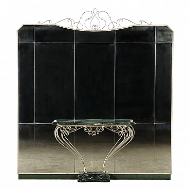 Specchiera con consolle in ferro battuto e marmo verde, anni '50