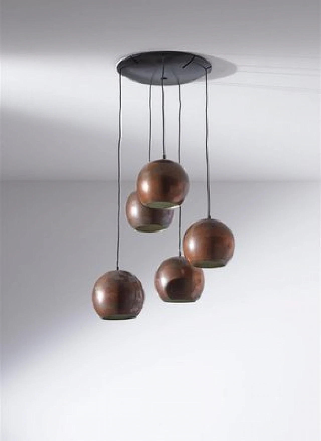 Chandelier with 5 copper spheres by Gino Sarfatti for Arteluce, 1950s 1