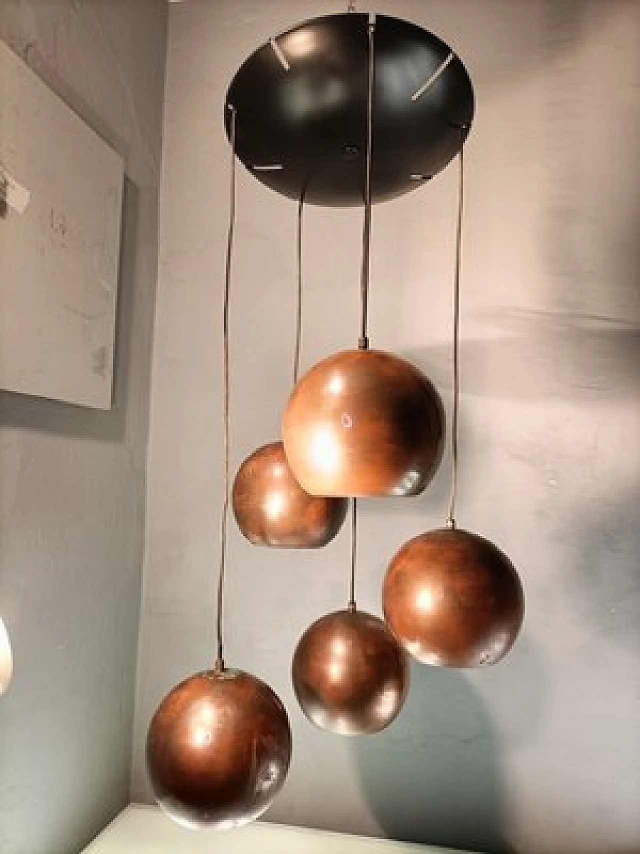 Chandelier with 5 copper spheres by Gino Sarfatti for Arteluce, 1950s 2