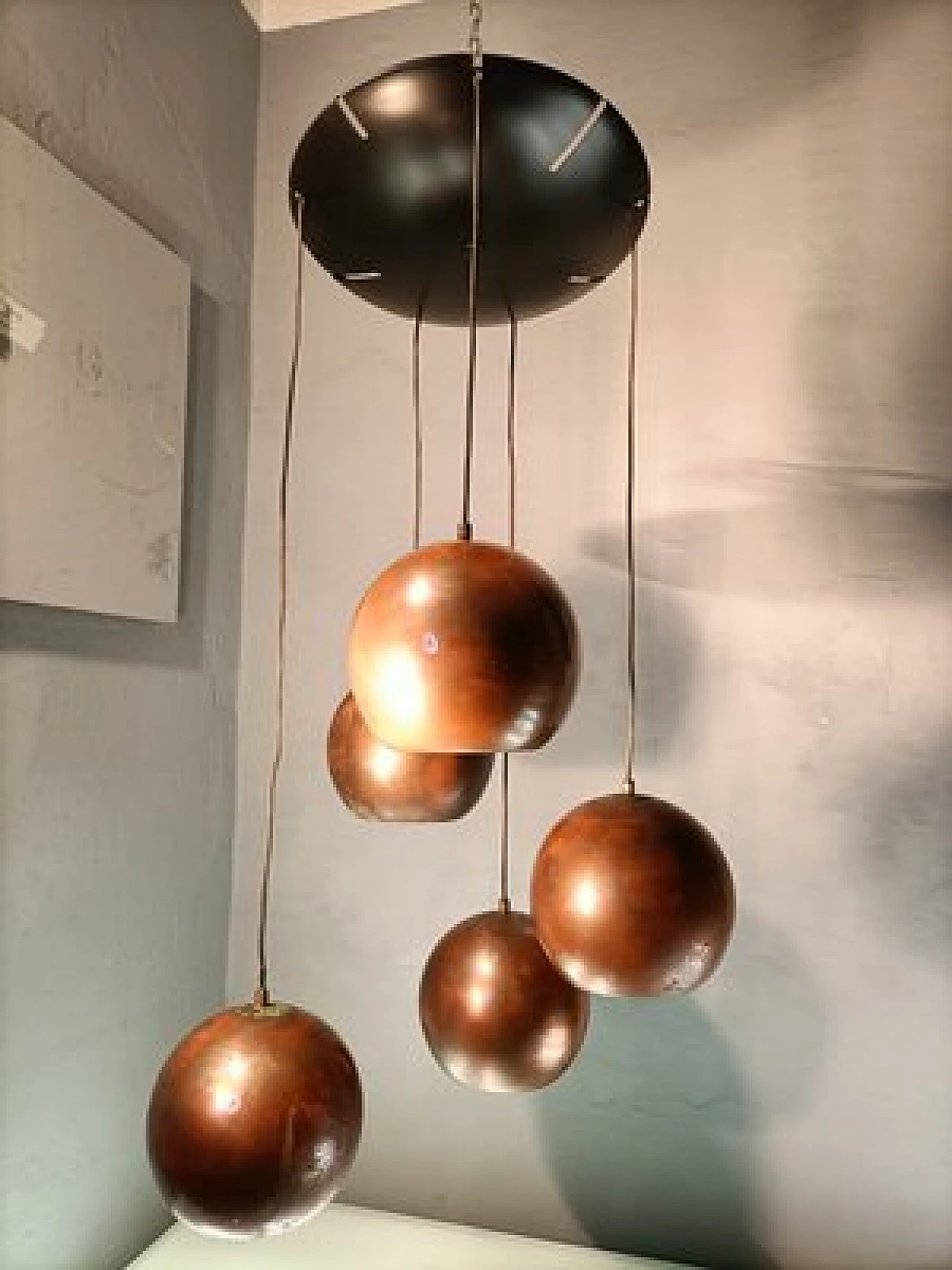 Chandelier with 5 copper spheres by Gino Sarfatti for Arteluce, 1950s 4