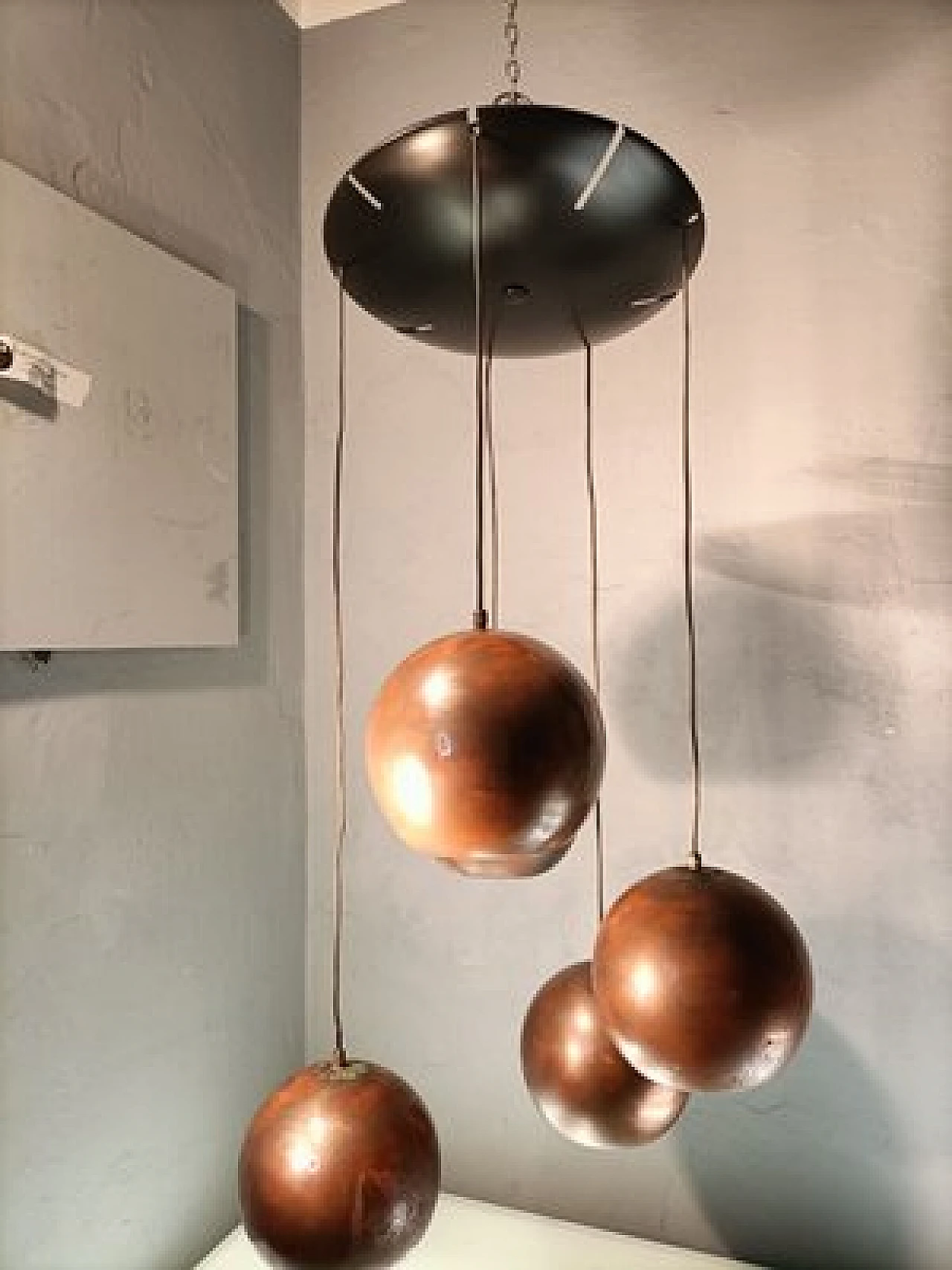 Chandelier with 5 copper spheres by Gino Sarfatti for Arteluce, 1950s 7