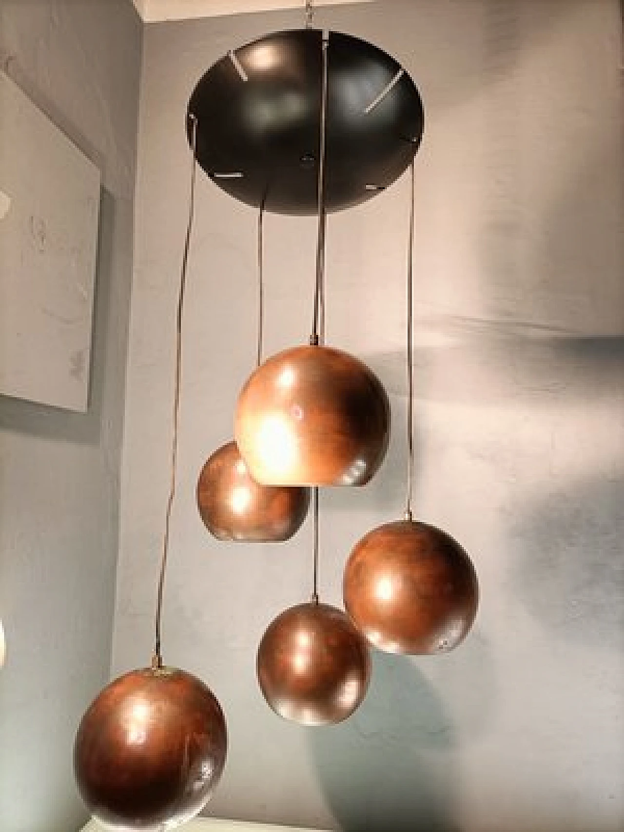 Chandelier with 5 copper spheres by Gino Sarfatti for Arteluce, 1950s 9