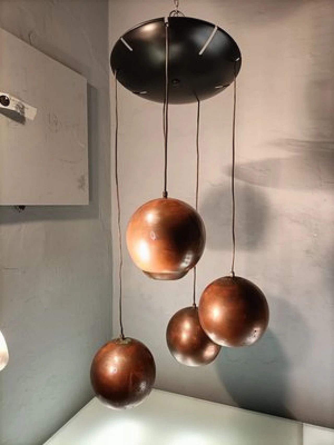 Chandelier with 5 copper spheres by Gino Sarfatti for Arteluce, 1950s 10