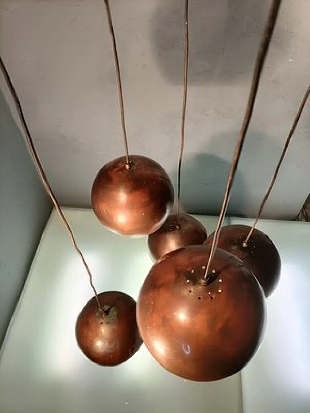 Chandelier with 5 copper spheres by Gino Sarfatti for Arteluce, 1950s 11