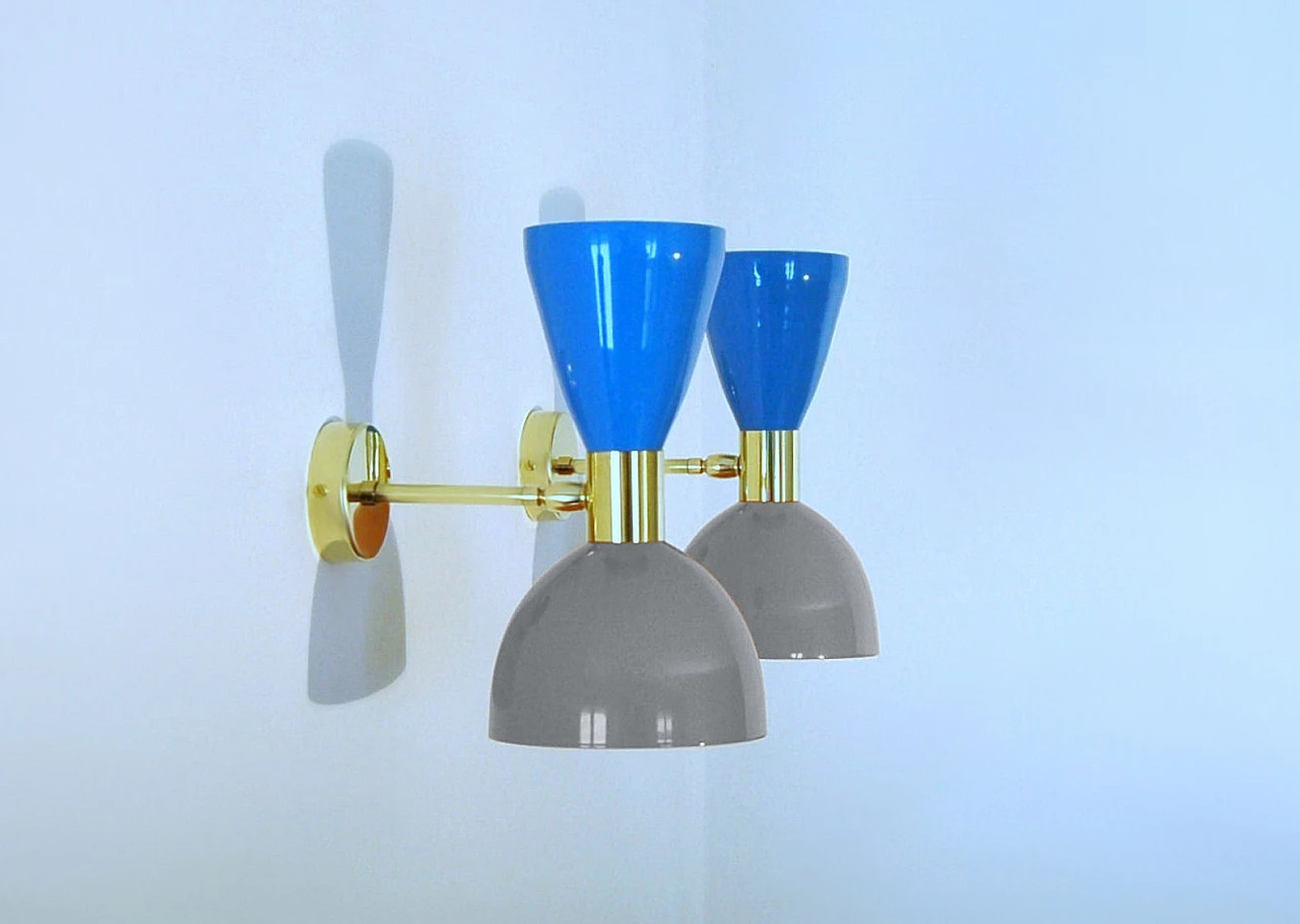 Wall light with blue and grey double cone lampshade 1