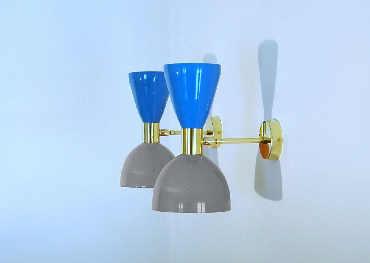 Wall light with blue and grey double cone lampshade 2