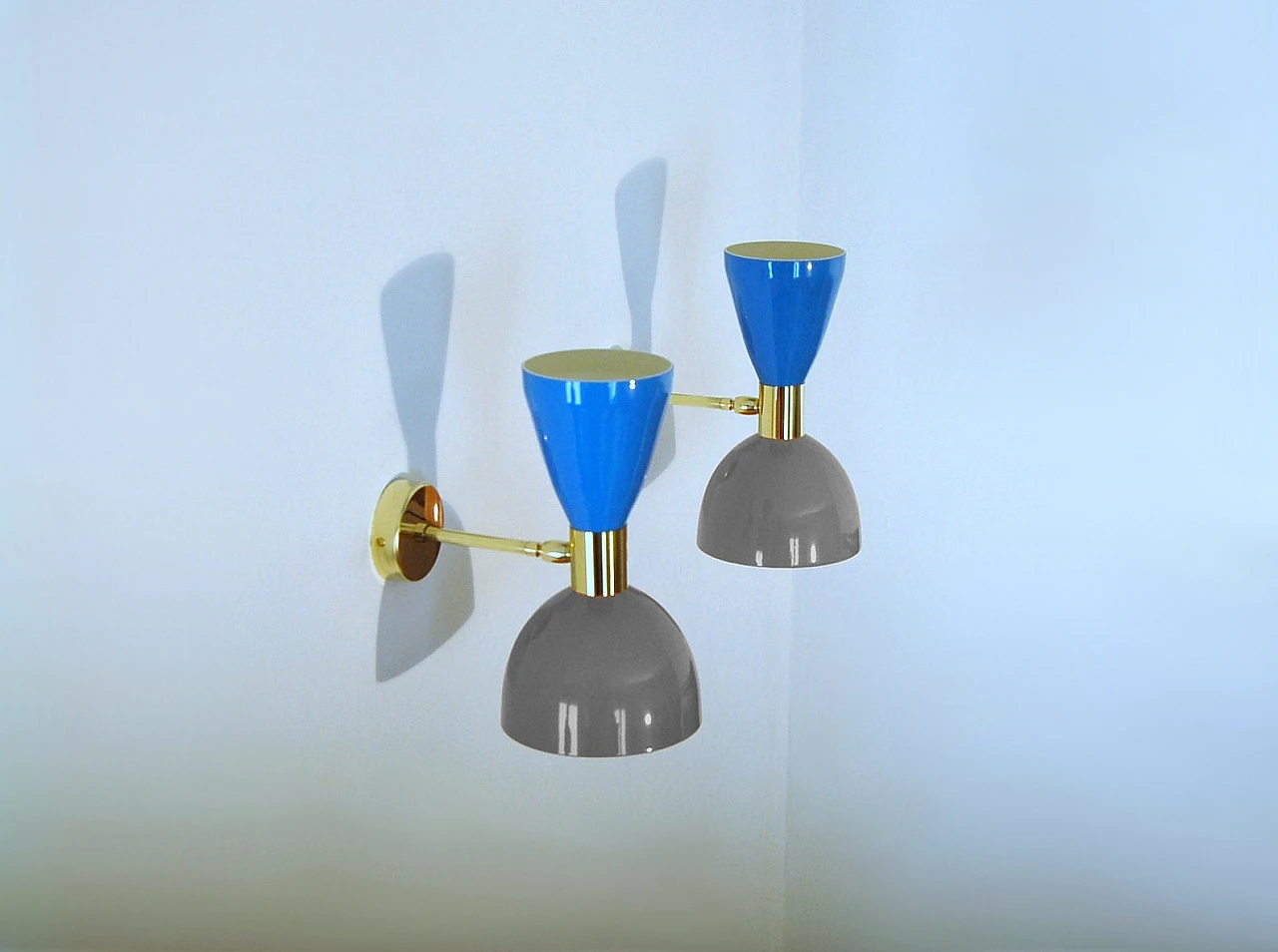 Wall light with blue and grey double cone lampshade 3