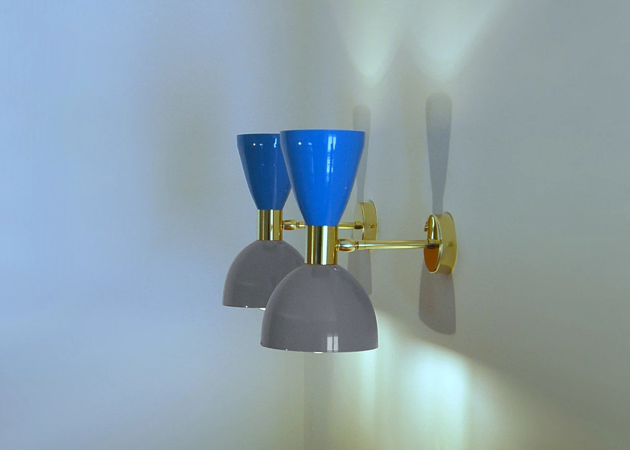 Wall light with blue and grey double cone lampshade 4