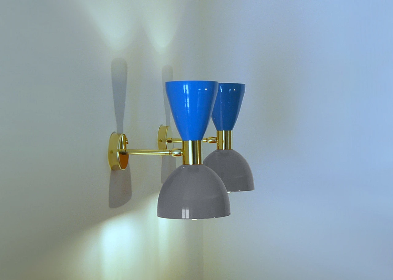 Wall light with blue and grey double cone lampshade 7