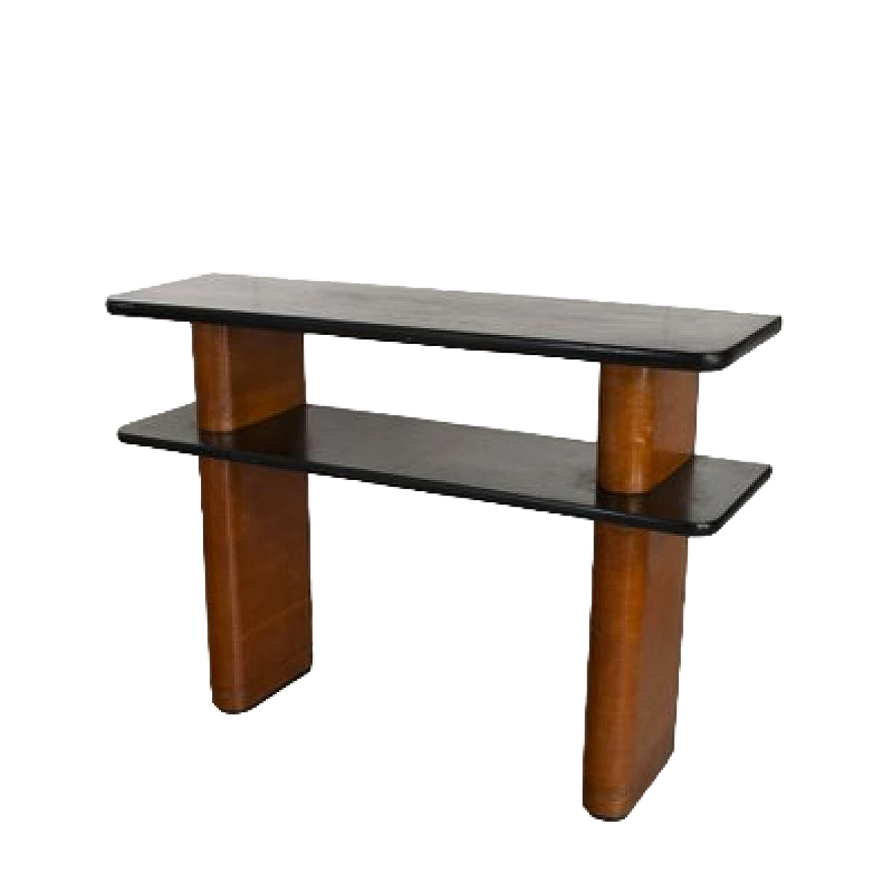 Art Deco walnut console with double black lacquered shelf, 1940s 7