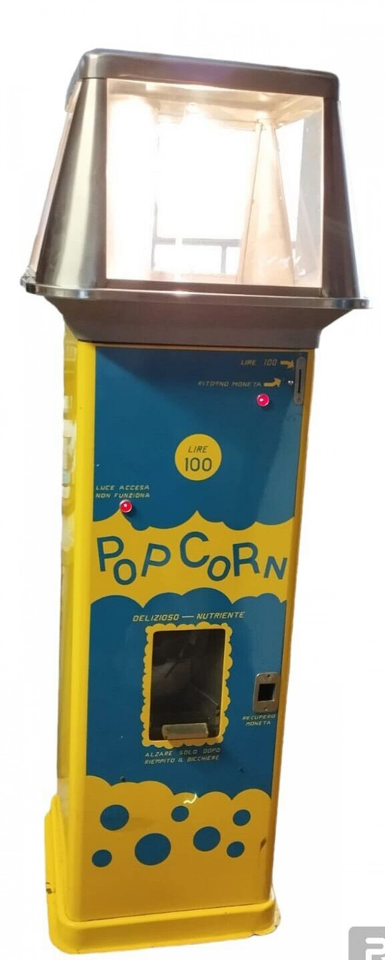 Distributore di popcorn in metallo e vetro, anni '70 1