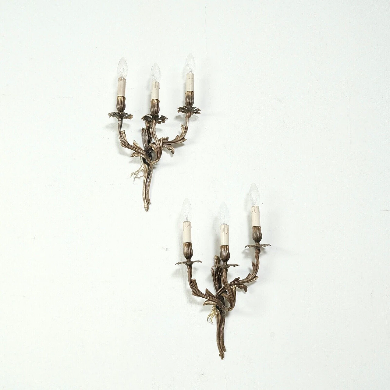 Pair of three-light metal alloy wall lights, 1950s 1