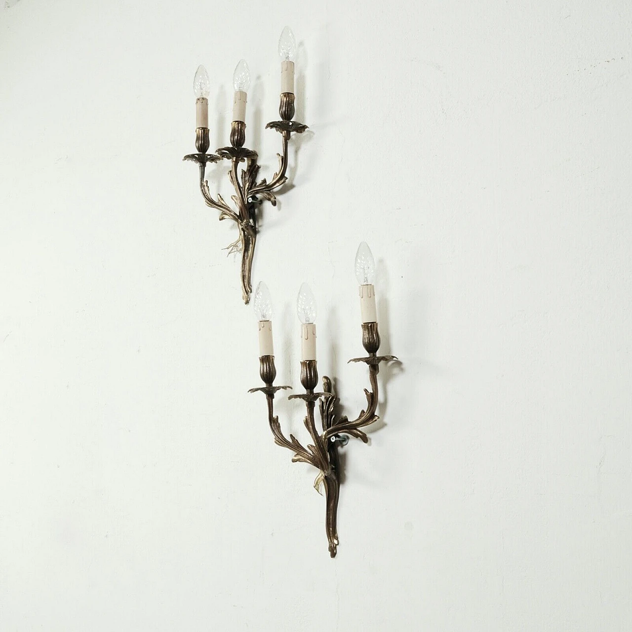 Pair of three-light metal alloy wall lights, 1950s 2