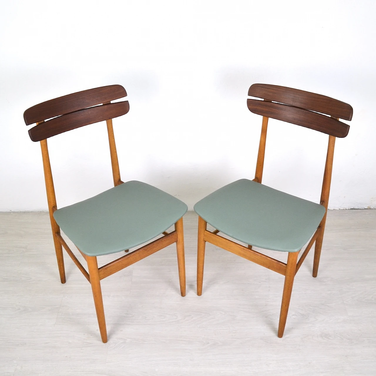 Pair of beech, teak and sage green eco-leather chairs, 1960s 1