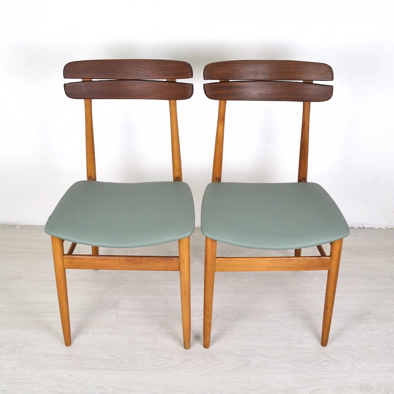 Pair of beech, teak and sage green eco-leather chairs, 1960s 2