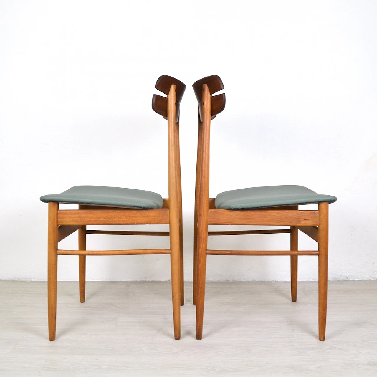 Pair of beech, teak and sage green eco-leather chairs, 1960s 3