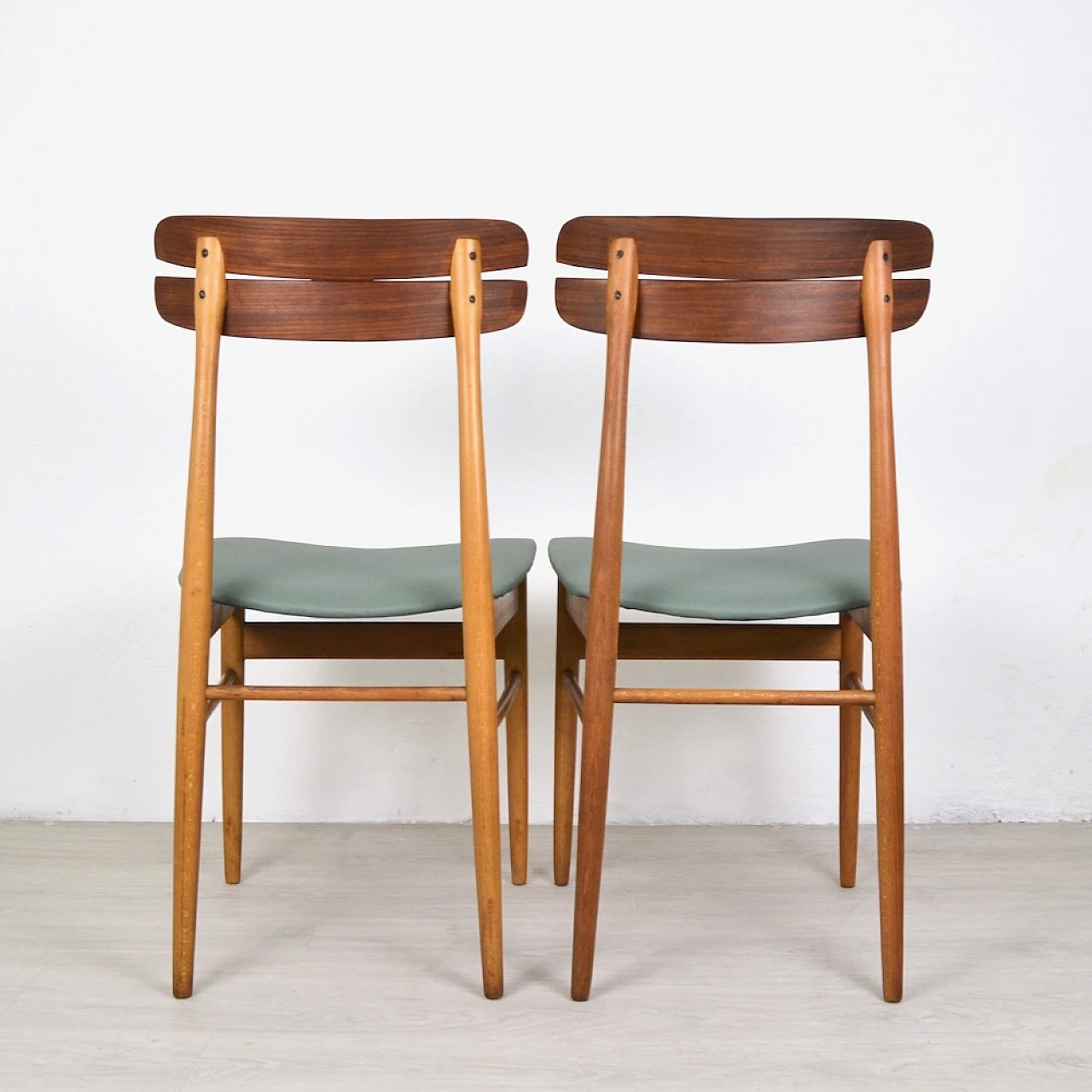 Pair of beech, teak and sage green eco-leather chairs, 1960s 4