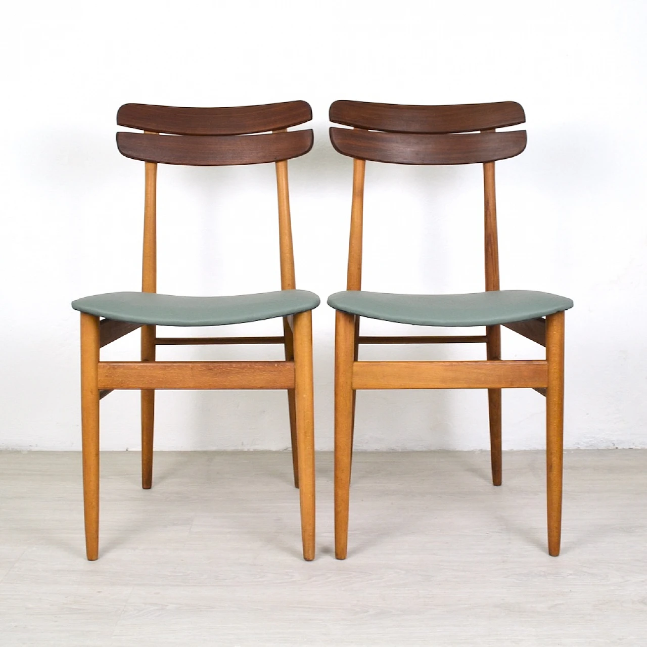 Pair of beech, teak and sage green eco-leather chairs, 1960s 5