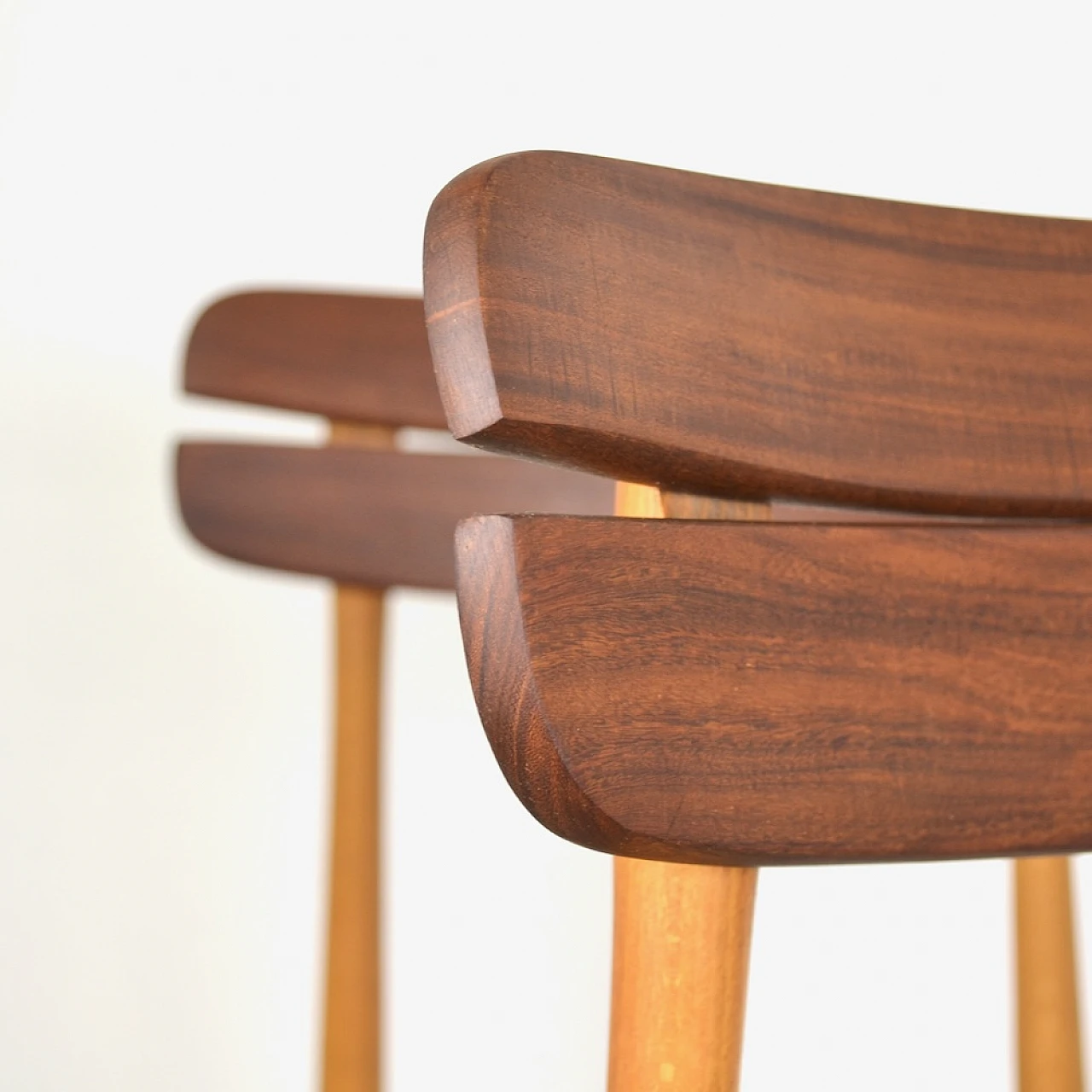 Pair of beech, teak and sage green eco-leather chairs, 1960s 6