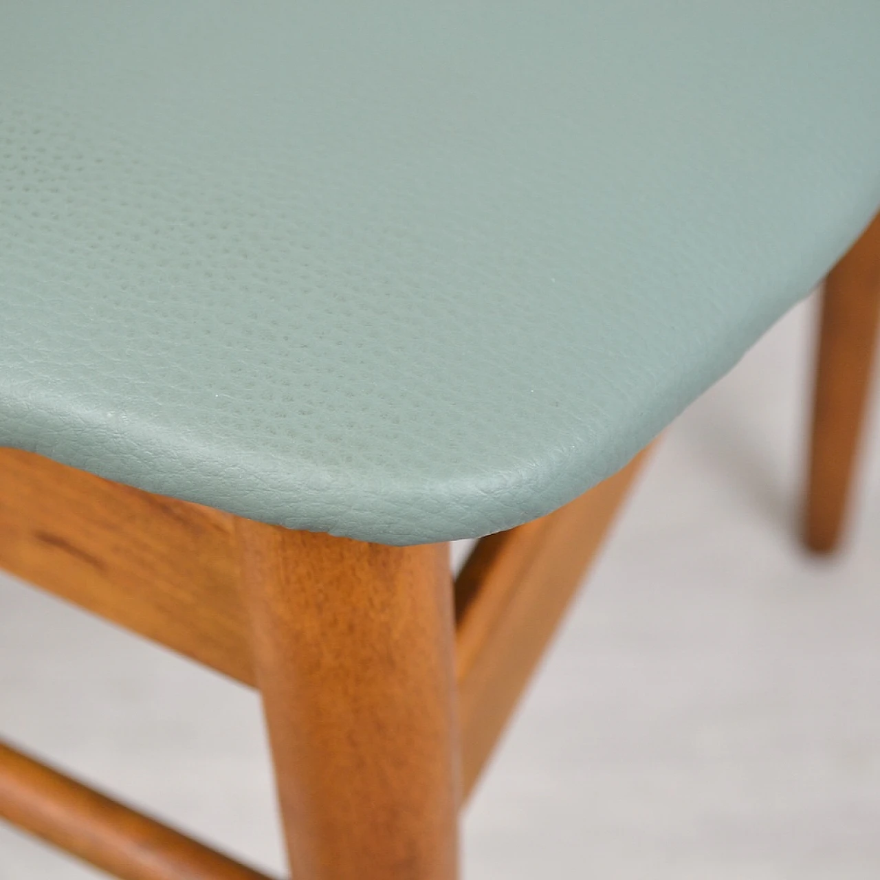 Pair of beech, teak and sage green eco-leather chairs, 1960s 7