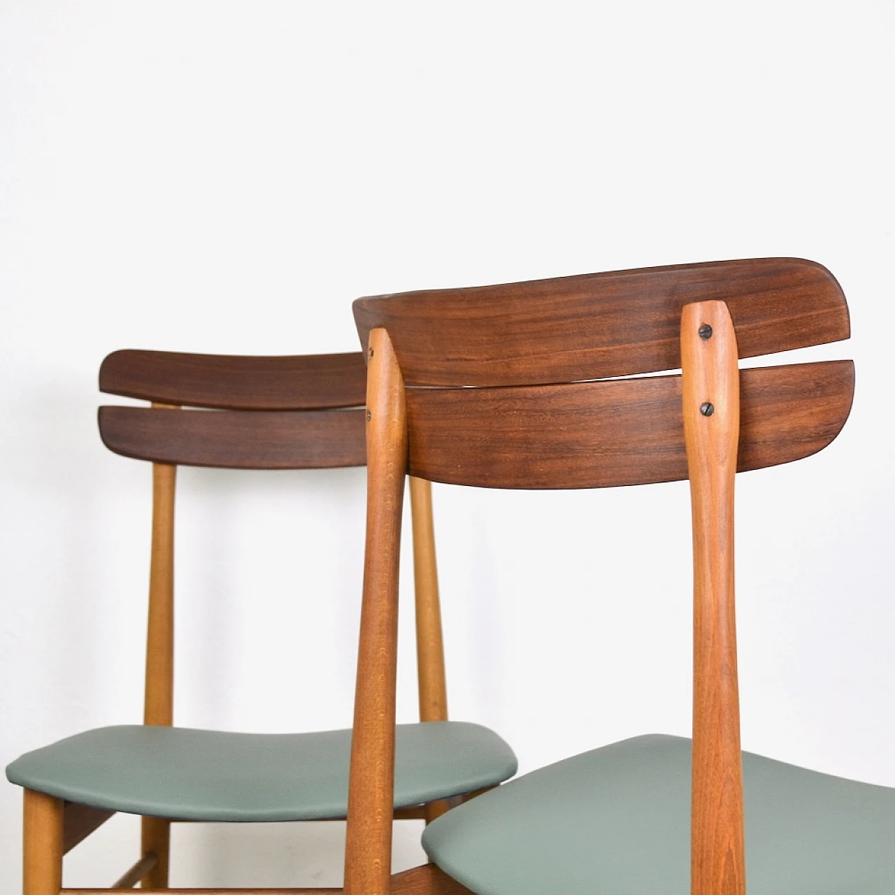 Pair of beech, teak and sage green eco-leather chairs, 1960s 8