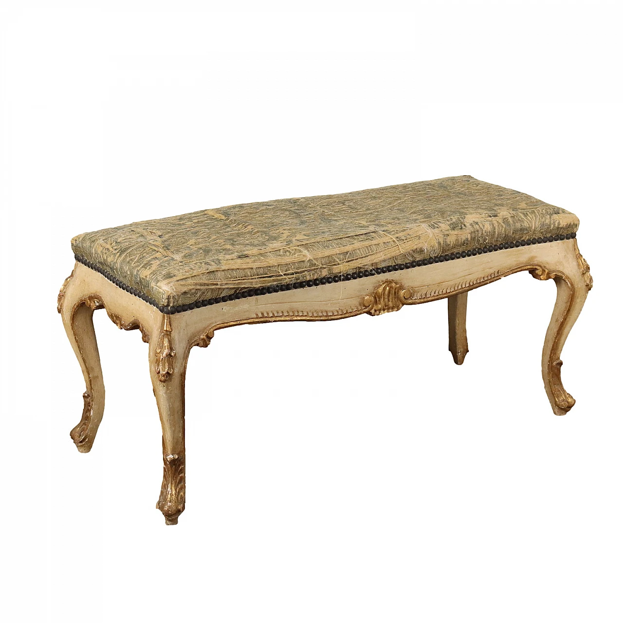 Carved bench with leaf motifs & brocade fabric seat, 19th century 1