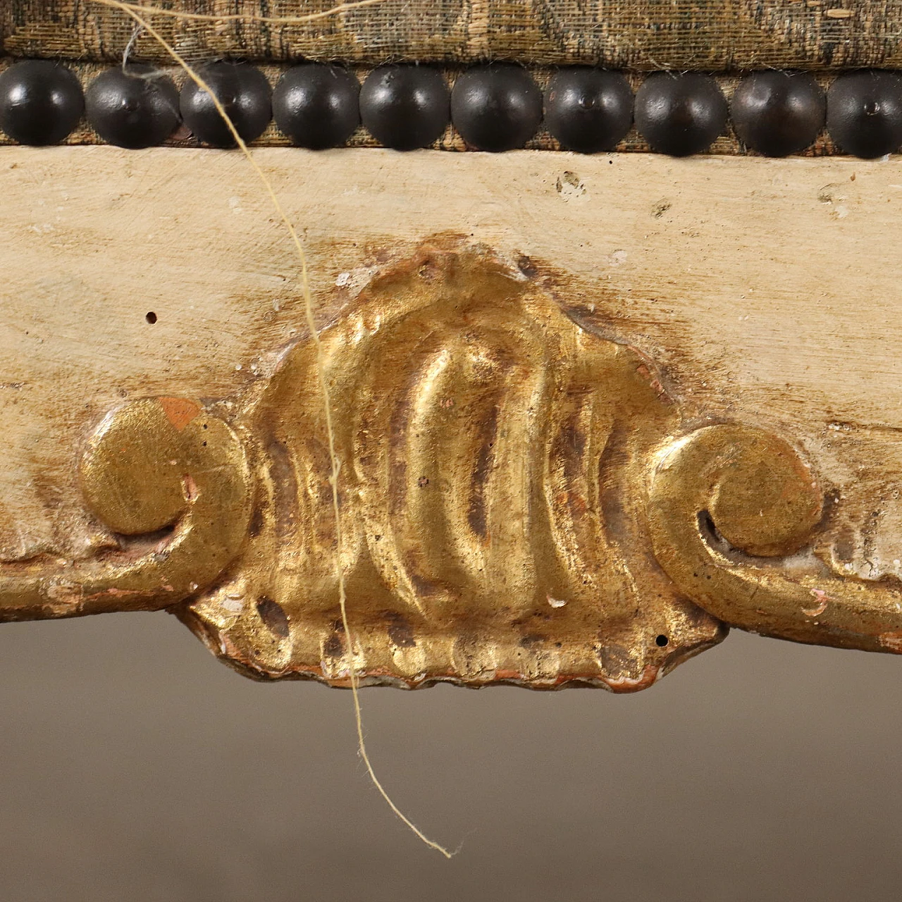 Carved bench with leaf motifs & brocade fabric seat, 19th century 6