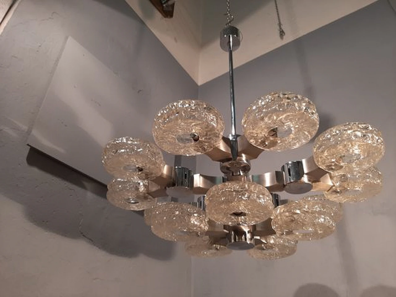 Lampadario a 15 luci in vetro di G. Sciolari per Sciolari, anni '70 1