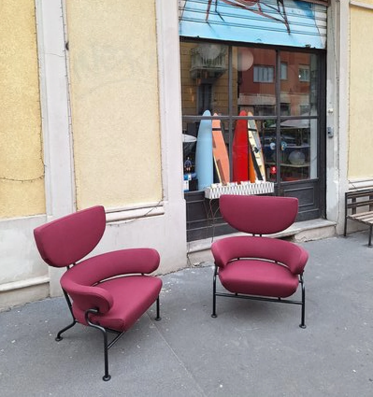 Pair of burgundy armchairs by Franco Albini for Cassina, 1990s 9