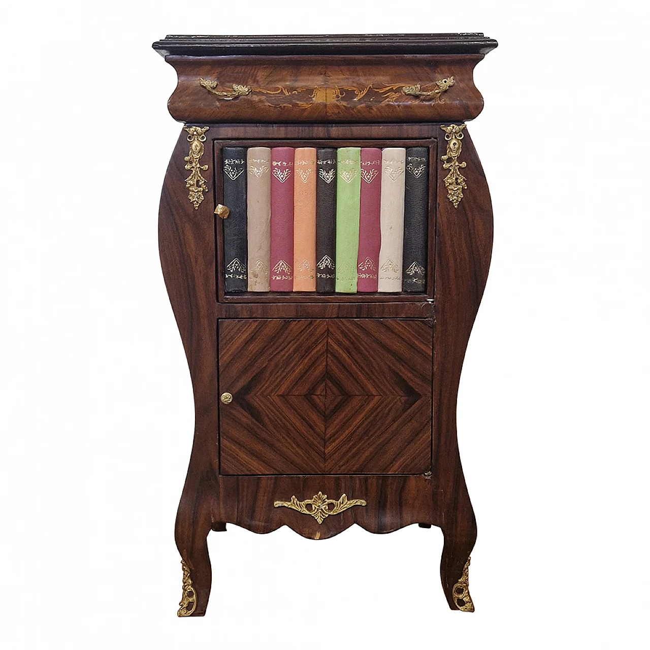 Louis XV style wood bedside table with fake books, early 20th century 1