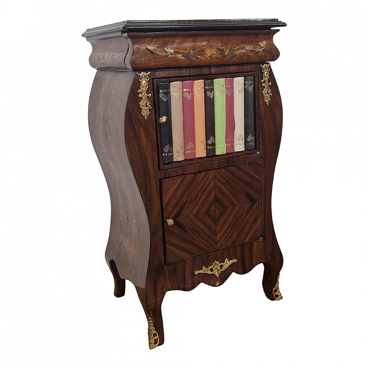 Louis XV style wood bedside table with fake books, early 20th century 2