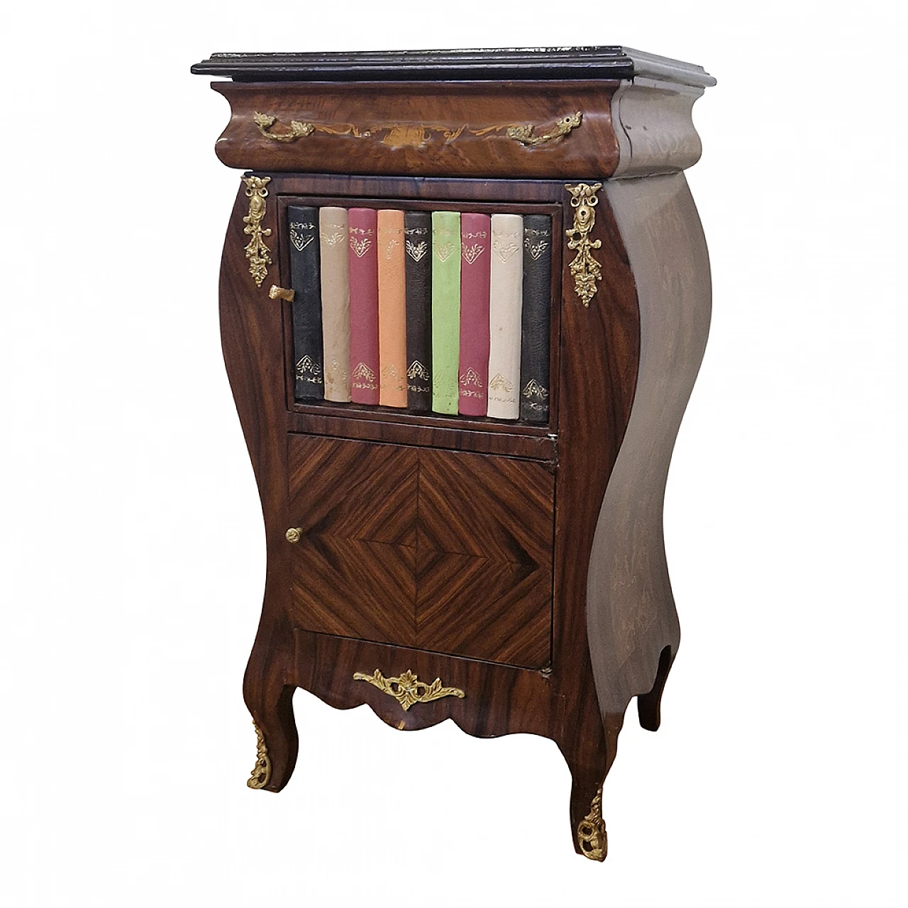 Louis XV style wood bedside table with fake books, early 20th century 3