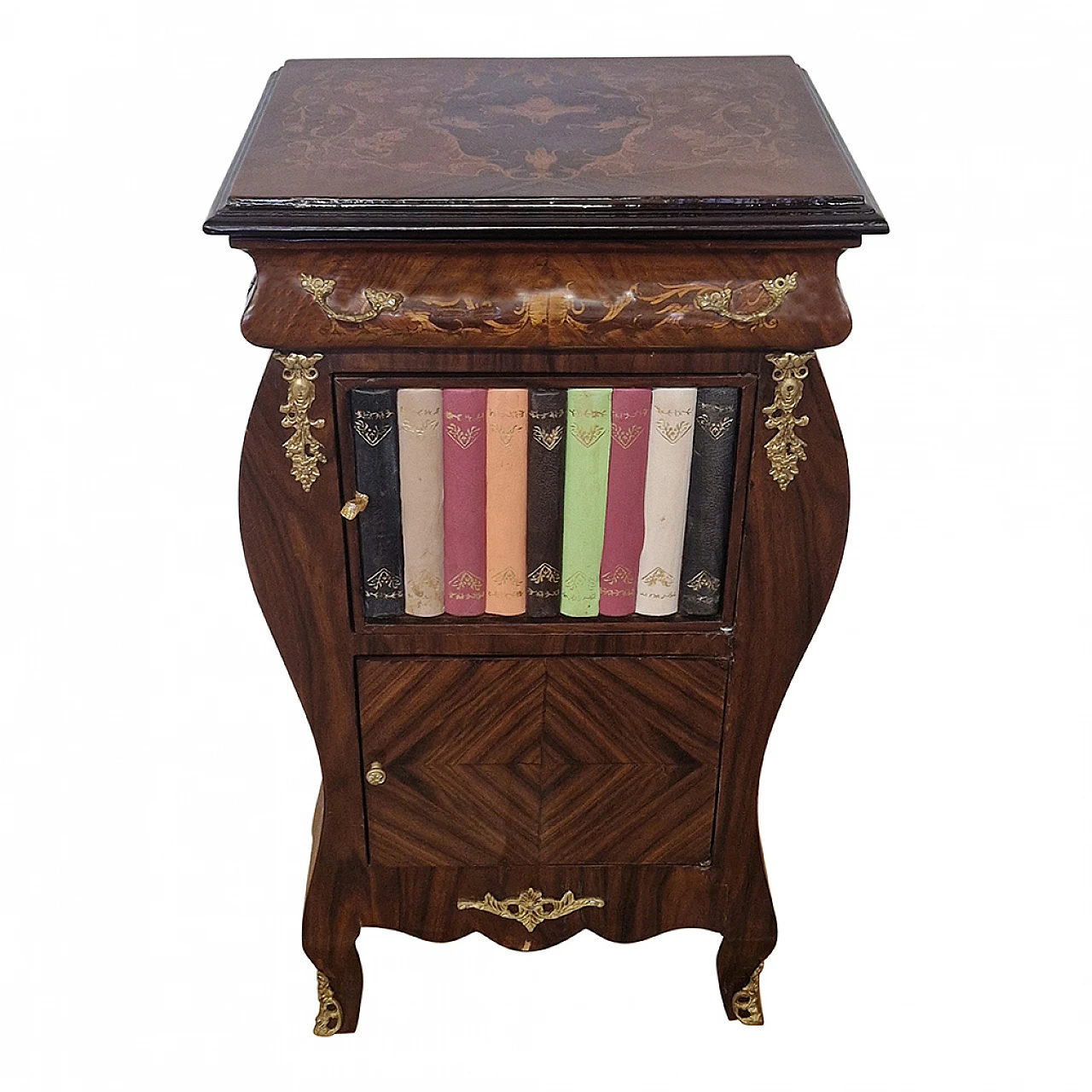 Louis XV style wood bedside table with fake books, early 20th century 4