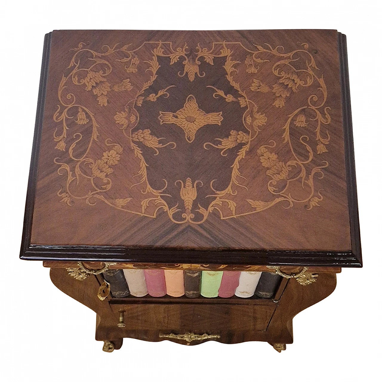 Louis XV style wood bedside table with fake books, early 20th century 5