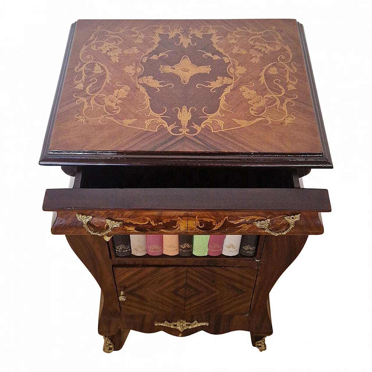 Louis XV style wood bedside table with fake books, early 20th century 6