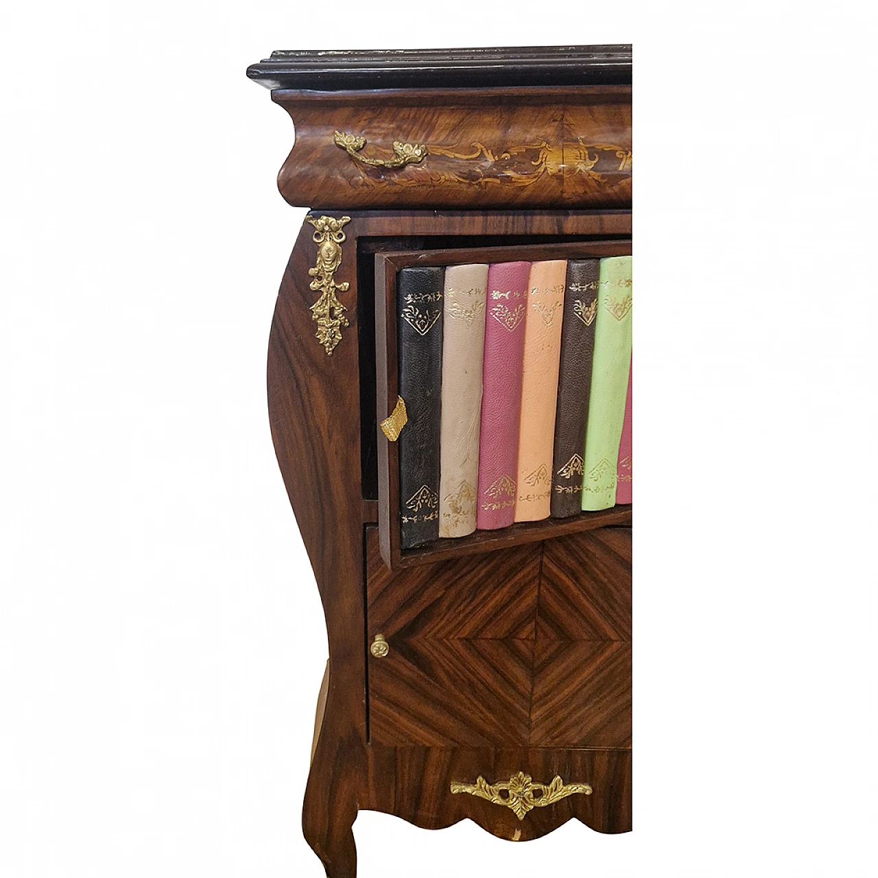 Louis XV style wood bedside table with fake books, early 20th century 7