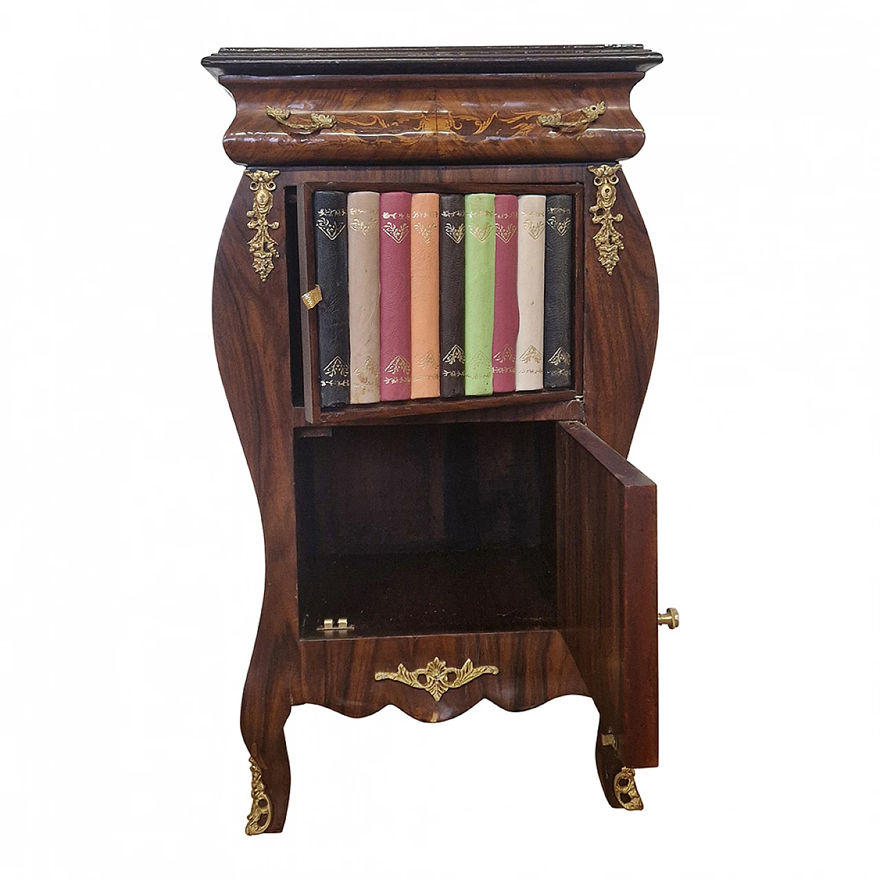 Louis XV style wood bedside table with fake books, early 20th century 8